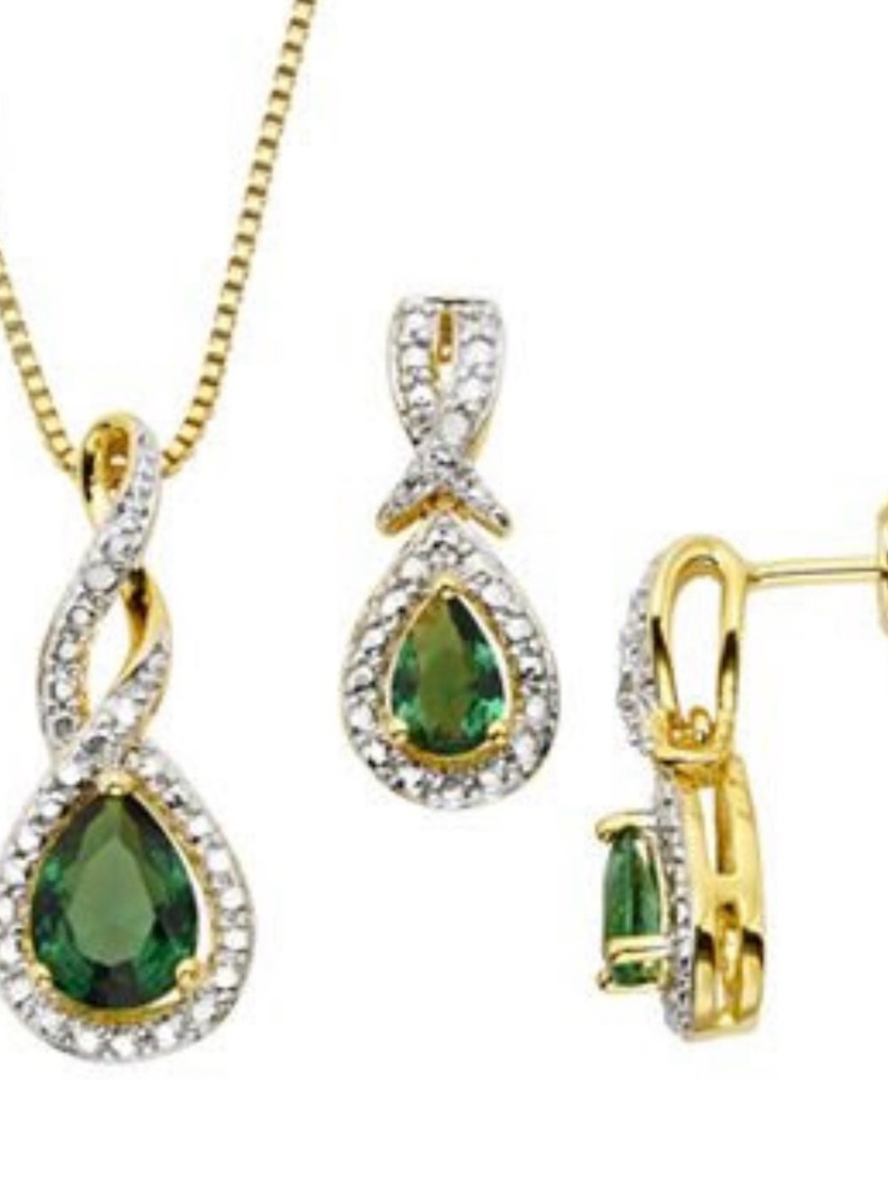 14k Plated Yellow Gold Tone Teardrop Lab Emerald Crystal Necklace & Earrings Set